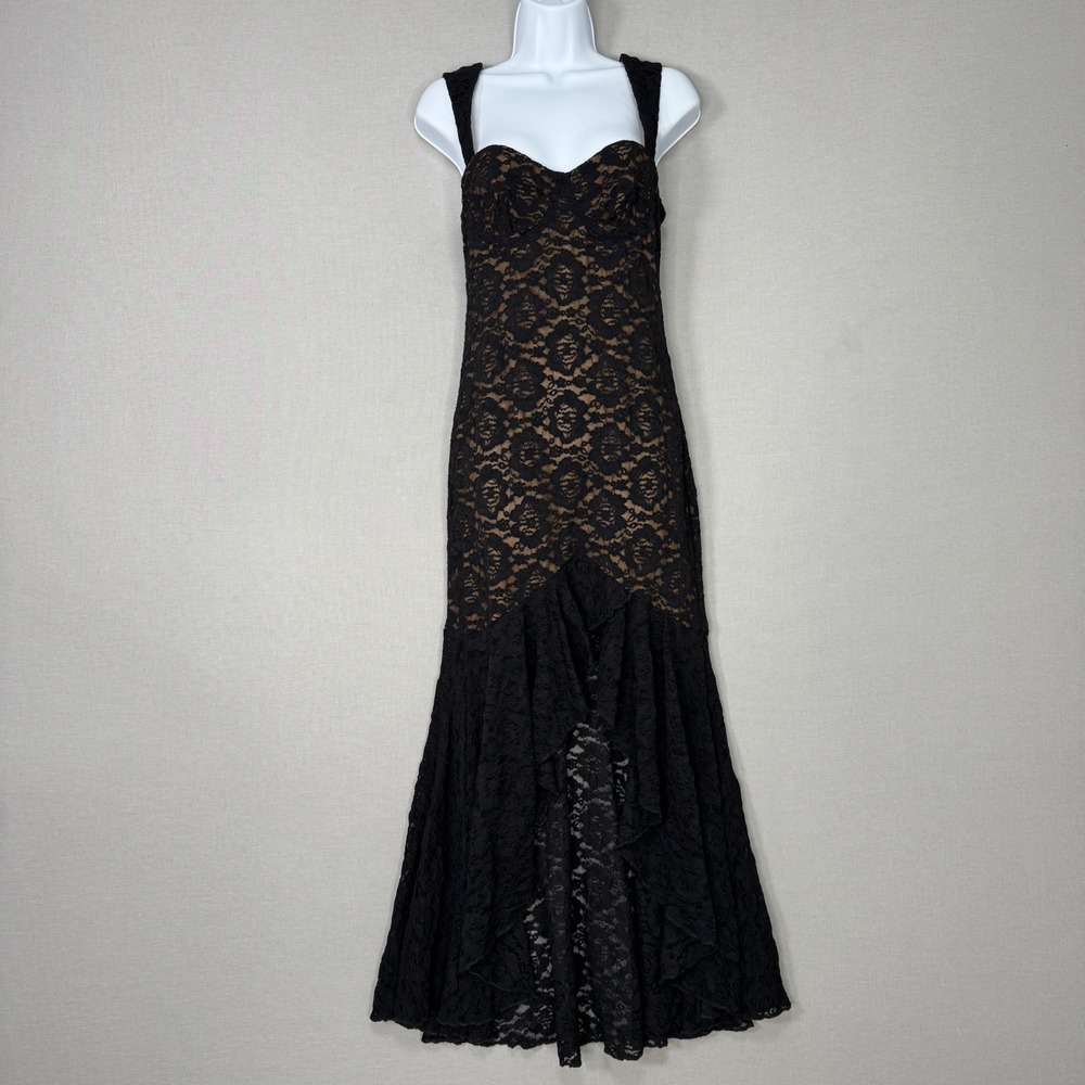 SweetPot The Label Lace Maxi Dress Womens 6 Black Ruffle Asymmetrical Gown Sexy